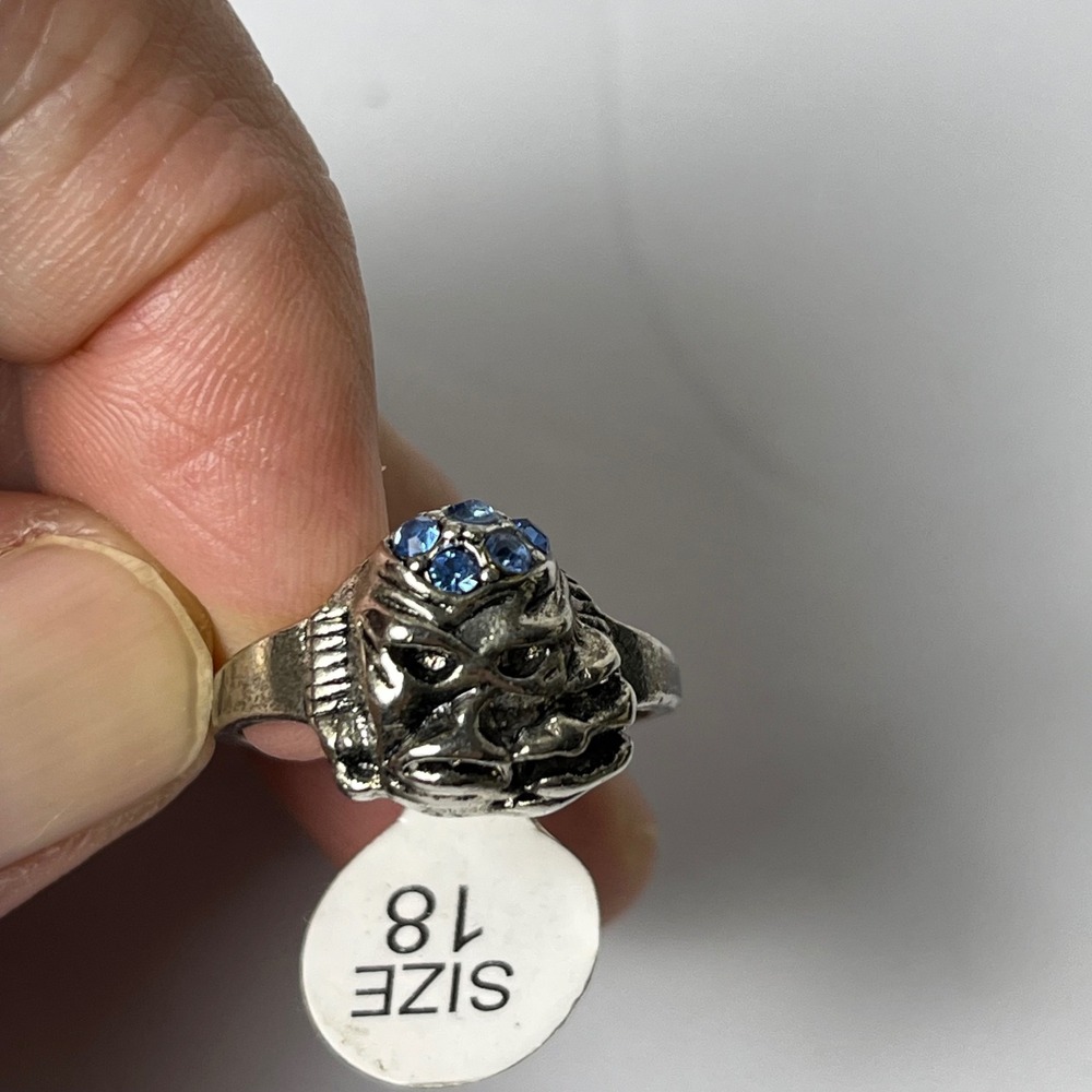 Bulldog Statement Ring Silver Tone Blue Rhinestone Canine Jewelry Size 18